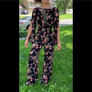 Reformation Black Floral Open Back Jumpsuit, Boatneck,Slit Sleeves,made in USA,0